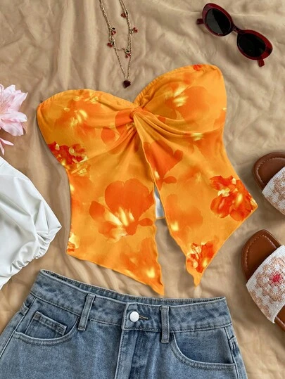 Soleia 女士休闲印花扭结前襟露脐吊带背心