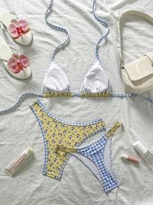 Swim Mod 花卉拼接三角比基尼套装，海滩度假泳装 - 彩色 - 查看 4