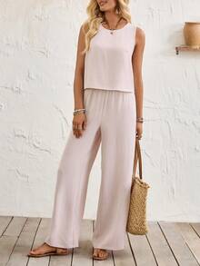 Breezaya Women's Casual Backless Round Neck Jumpsuit For Summer - Apricot - View 3