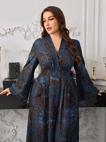 Modelyn Große Größen Elegantes Blumenprint-Kleid mit Taillengürtel für Damen - Blau - Übersicht 7