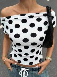 SHEIN EZwear 白色底波点女士露肩紧身T恤 - 黑與白 - 查看 11