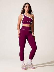 SHEIN Sports 无缝单肩瑜伽背心和高弹提臀女士运动套装 - 中紫紅色 - 查看 5