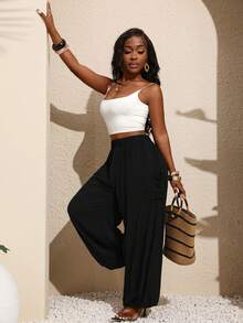 Xyvia Women's Solid Color Loose Pleated Pocket Pants, Suitable For Vacation And Daily Wear - Black - View 6