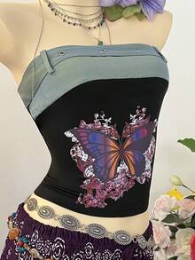 SuriyaCove Women's Patchwork Butterfly Print Casual Versatile Daily Wear Tube Top - Black - View 3