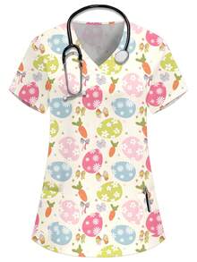 PopScrub 女士V领短袖双口袋蛋纹印花上衣，医生工作服/体检手术服 - 米色 - 查看 1