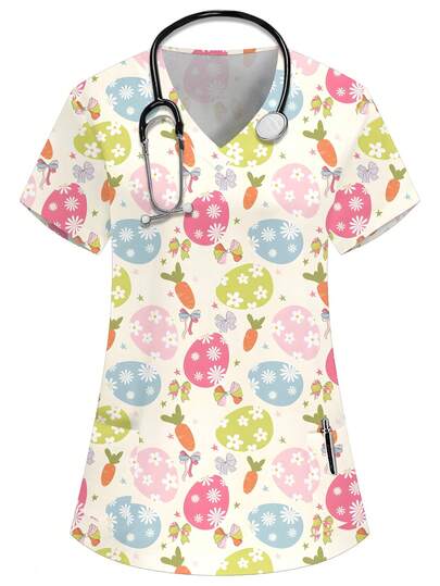PopScrub 女士V领短袖双口袋蛋纹印花上衣，医生工作服/体检手术服