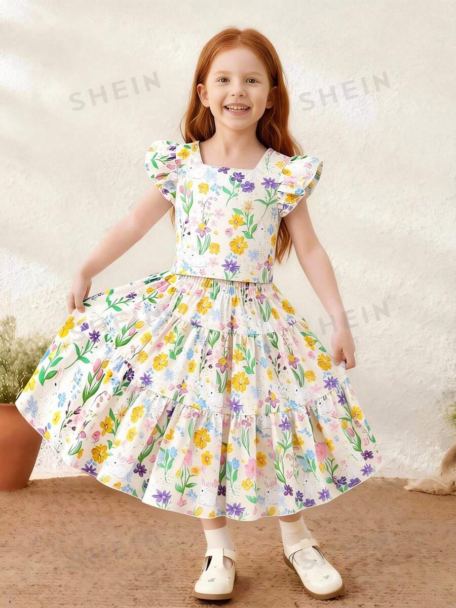 Vestido de dos piezas con estampado de flores y conejos, de manga corta, con un estilo pastoril de primavera y verano para niñas pequeñas. La tela es suave y cómoda, adecuada para diversas ocasiones como salidas de fin de semana, fotografía al aire libre, actividades escolares, reuniones y vacaciones. - Albaricoque - Ver 1