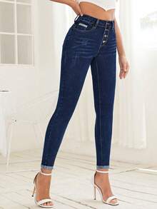 SHEIN Frenchy Women's Button Front Pocket Skinny Sleeve Denim Pants - Dark Wash - View 3