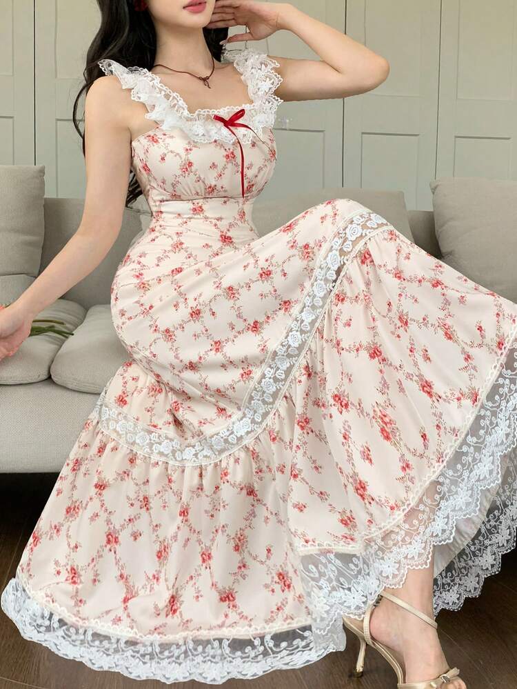 Women's Elegant Floral Lace Patchwork Square Neck Sleeveless Mid-Length Dress, Spring & Summer Boho