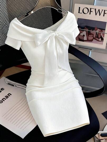 SHEIN Raffinéa White Off-The-Shoulder Ribbed Knit Dress, Fitted And Stretchy Fabric. Sweet And Elegant, Perfect For A Romantic Date, Or Pair With Heels For An Evening Party. Summer, Women's Summer Dresses, Summer Outfits, Women's Summer Wear, Carnival Women's Clothing, Elegant Party Dresses, Long Party Dresses, Women's Wedding Guest Dresses, Wedding Guest Party Dresses, Women's Elegant Outfits, Elegant Party Dresses, White Dresses, Women's White Dresses, White, Wedding Season. Bow Dress, Gentle Dress.Graduation Season Attire, Fashionable Casual Commuter Wear, Business Office Wear, Versatile And Stylish Everyday Casual Wear, Urban Teacher's Professional Attire