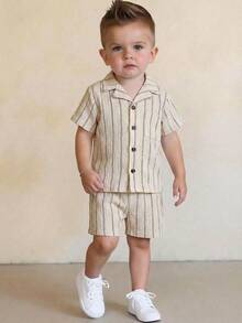 LMoss Kids 2pcs Baby Boy Contrast Color Knit Soft Collar Short Sleeve Top And Elastic Waist Shorts Set - Apricot - View 3