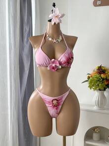 Swim SXY Conjunto de 3 piezas: Top de bikini triangular con cuello de halter con estampado de hibisco, cubre con malla, traje de baño elegante - Multicolor - Ver 8