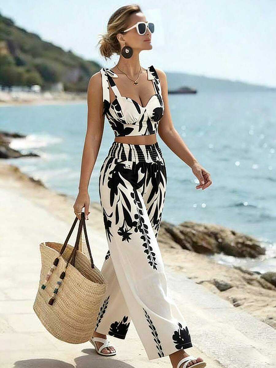 Elenzga Bộ đồ đi nghỉ mát 2 món: Áo hai dây in họa tiết Bohemian xanh trắng có dây buộc và quần ống đứng. - Nhiều màu - Xem 1