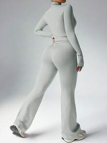 SHEIN Rhythm Era 女式加大码休闲拉链夹克，带拇指孔和高腰喇叭裤两件套，女士健身套装 Y2k - 淺灰色 - 查看 2