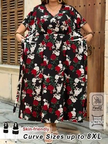 SHEIN CURVE+ 尺码 US22 适合音乐节、海滨度假、波西米亚风休闲复古大碎花宽松抽绳连衣裙，适合春夏穿着，大码身材，适合休闲度假，飘逸连衣裙，女士沙滩装/沙滩裙/沙滩度假装/沙滩必备/毕业典礼/下午茶会连衣裙/夏季/乡村/沙滩度假装/沙滩装/沙滩服饰 - 彩色 - 查看 8
