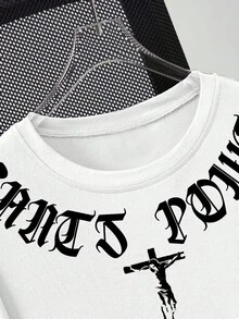 Chillumni 男士哥特风格文字印花休闲圆领T恤，展现权力、权利和信仰的暗黑美学 - 彩色 - 查看 4