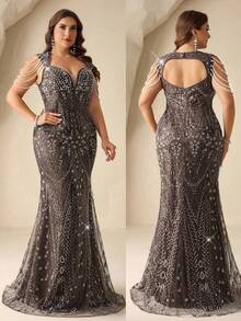 Coutiva Đầm dạ hội cỡ lớn, thanh lịch và sang trọng, cổ vuông đính sequin, hở lưng, thiết kế tua rua ngọc trai, chân váy đuôi cá – Một chiếc đầm trang trọng phù hợp cho khách dự đám cưới, lễ tốt nghiệp và lễ khai trương. - màu nâu - Xem 1