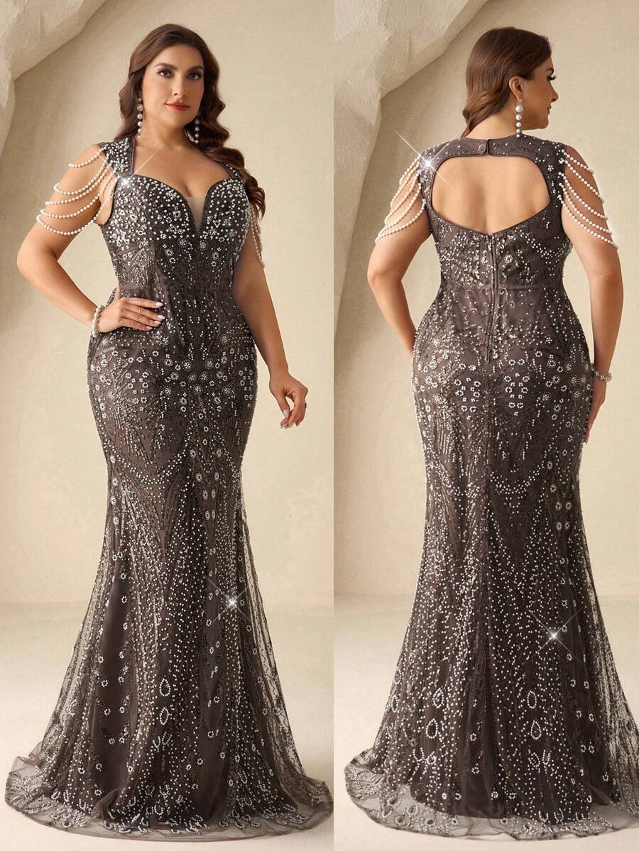 Coutiva Đầm dạ hội cỡ lớn, thanh lịch và sang trọng, cổ vuông đính sequin, hở lưng, thiết kế tua rua ngọc trai, chân váy đuôi cá – Một chiếc đầm trang trọng phù hợp cho khách dự đám cưới, lễ tốt nghiệp và lễ khai trương. - màu nâu - Xem 1