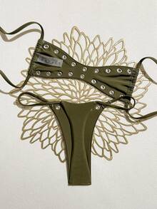 SHEIN Swim Ensemble de maillot de bain sexy d'été décontracté pour vacances à la plage, couleur unie, style bandeau, nouveauté 2025 pour femmes - Militaire verte - Voir 2