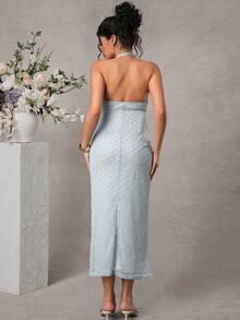 SHEIN Elegant Light Blue Textured Backless Halter Maternity Dress,Summer Pregnant Party Outfits,Solid Color Vacation Dresses For Women & Ladies - Blue - View 7
