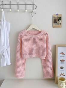 SHEIN 少女度假休闲纯色镂空喇叭袖针织毛衣 - 淺粉色 - 查看 5