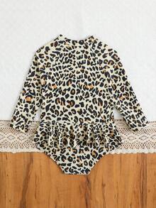 SHEIN Baby Girls' Cute Leopard Print Ruffle Trim One-Piece Swimsuit, Suitable For Summer Beach Vacation - Yellow - View 3