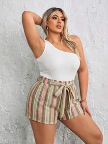 SHEIN SXY Bộ đồ 2 mảnh dành cho nữ cỡ lớn, màu trơn, kiểu lệch vai, gồm áo và quần short, kiểu dáng thường ngày. - Nhiều màu - Xem 4