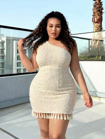 SHEIN SXY Plus Size Apricot-Colored High-Elastic Jacquard Knit One-Shoulder Short-Sleeved Fitted Dress With Tassel Embellishments.Spring/Summer Casual Vacation Bohemian Elegant Suitable For Everyday Wear, Music Festival, Concert, Carnival Party, Beach Vacation, Date Night, Birthday, Bachelorette Party, Club, Cute, Casual, Shopping, Streetwear, Going Out, Easy To Match & Looks Slim, Accent Your Body, Flatter The Figure