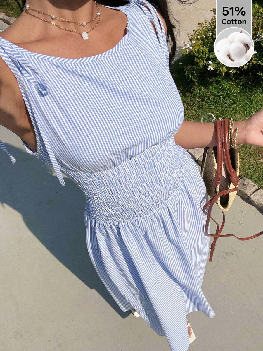 SHEIN EZwear New Summer Vacation Holiday Women's Blue Woven Striped Print Sleeveless Jumpsuit Dress Blue And White Striped Dress - Blue and White - View 1