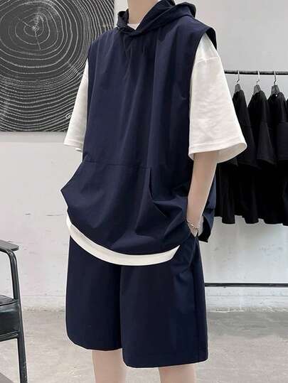 3pcs Tween Boy Knit Hoodie, Loose T-Shirt, Shorts Set, Casual Style Suitable For Commuting, School, Daily Wear, Sports, Summer