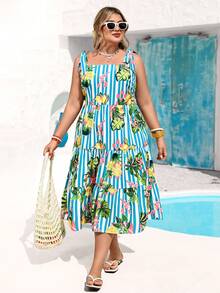 Vivid Eden Plus Size Women's Holiday Dress, Summer Boho Vacation Tropical Fruit Floral Print Tiered Midi Dress, Square Neck Tie Shoulder Sundress Party - Blue and White - View 2