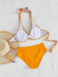 Swim Lushoire Bộ bikini nữ họa tiết nhiệt đới, kiểu vặn xoắn phía trước, thích hợp cho kỳ nghỉ biển. - trái cam - Xem 2