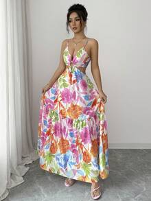 SHEIN Elenzya Women's Printed Waist-Cinched Midi Dress, Suitable For Vacation, Daily Wear And Commuting - Multicolor - View 6