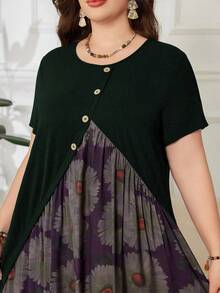 Lacomfia Plus Size Women Button Decor Floral Print Round Neck Short Sleeve Casual Dress - Dark Green - View 4