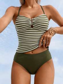 Swim Lushoire Women's Summer Vacation Casual Beach Outfit Green Striped Bikini 2-Piece Set, Adjustable Strap Vest & Swimsuit - Multicolor - View 5