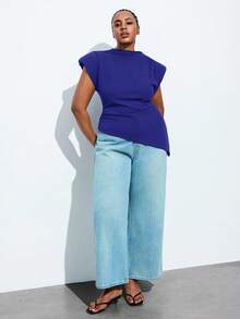 Maija 大码女式纯色立领褶皱不对称下摆背心，女士夏季穿搭，蓝色上衣，带垫肩，现代女式上衣，休闲现代衬衫 - 藍色 - 查看 2