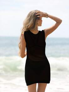 EMERY ROSE Đầm dệt kim không tay cổ chữ V khoét sâu màu trơn dành cho nữ, thích hợp cho kỳ nghỉ. - màu đen - Xem 2