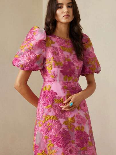 Aveloria Rosie French Romantic Rose 3D Floral V-Neck Petal Sleeve Cinched Waist Dress For Women