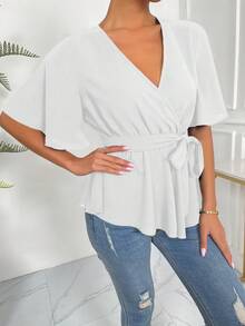 EMERY ROSE Solid Wrap Belted V-Neck Blouse Peplum Top - White - View 4