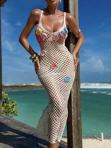 Swim SXY 粉色镂空钩编手工花边亮片性感优雅女士沙滩罩衫 - 白色 - 查看 3