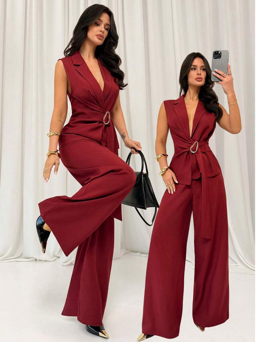 Firerie Women's Elegant Minimalist Commuter Daily Wear Linen-Like Metal Waist Top And Pants 2 Pieces Set, Suitable For Dates, Commuting - Burgundy - View 1