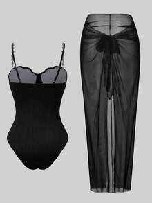 Swim Oasis 2026 Women's Spring/Summer Elegant Romantic Seashell Cup Shaped Swimsuit With Pearl Chain Strap, Bohemian Wave Texture Push-Up Underwire Molded Cup, Wrap-Around Mesh Skirt For Beach Vacation - Black - View 2