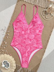 Swim Mod Women's Adjustable Spaghetti Strap Printed One-Piece Swimsuit, Backless Design, Suitable For Vacation - Pink - View 6