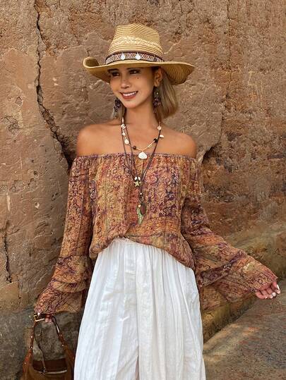 DAZY Floral Print Off-Shoulder Long Sleeve Flare Sleeve Casual Vacation Summer Blouse For Women