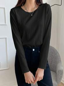 DAZY Ribbed Knit Lettuce Trim Tee,Fall Clothes Long Sleeve Women Tops - Black - View 2