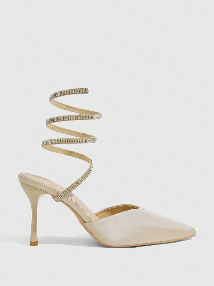 CUCCOO SZL Pointed Fashion Hollow Sexy Rhinestone Satin Snake Wrap Thin Heel Baotou Light Gold High Heels