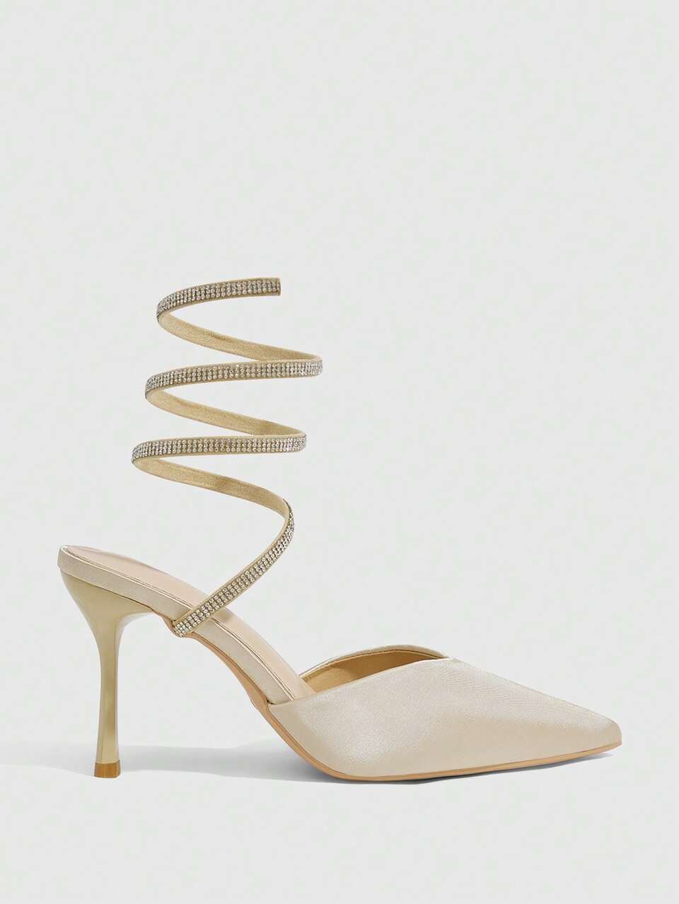 CUCCOO SZL Pointed Fashion Hollow Sexy Rhinestone Satin Snake Wrap Thin Heel Closed Toe Light Gold High Heels