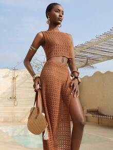 Vesra 两件套女士针织毛衣套装，夏季罩衫 - 鏽棕色 - 查看 1