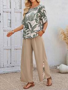 EMERY ROSE Women's Tropical Plant Print Shirt And Wide Leg Pants Casual 2 Pieces Set - Multicolor - View 5
