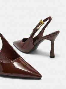 NobleVue Tacones altos con puntera puntiaguda, elegantes, de cuero patentado con correa trasera, para mujer, Otoño/Invierno 2025 - Marrón Chocolate - Ver 3